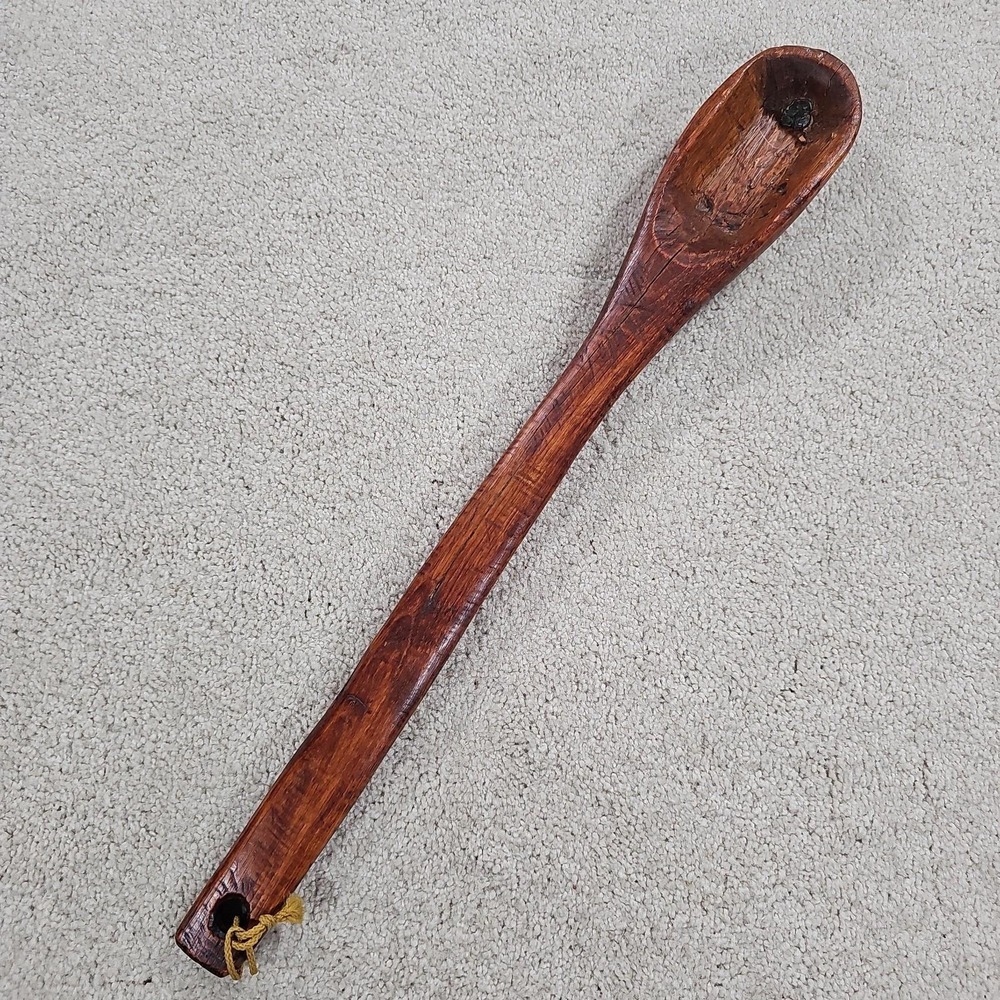 THICK VTG/Antique Hand Carved Wooden Spoon 18" - Primitive Farmhouse Ladle Scoop